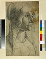 Cartoon for the head of a woman in the Tornabuoni chapel (recto); Study for a standing woman in the Tornabuoni chapel (verso), Domenico Ghirlandaio (Domenico Bigordi) (Italian, Florence 1448/49–1494 Florence), Back chalk, pricked for transfer (recto); Black chalk (verso)
